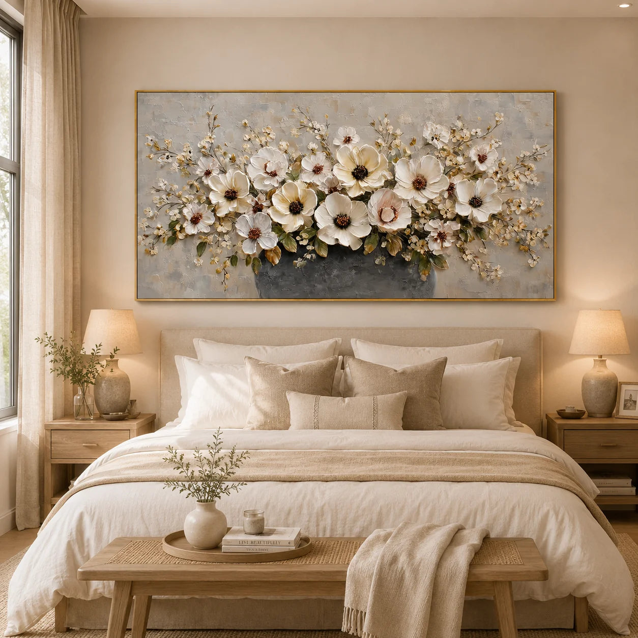 Large Floral Canvas Wall Art – Elegant White Flower Bouquet Painting in Vase for Living Room Decor#OA 0845