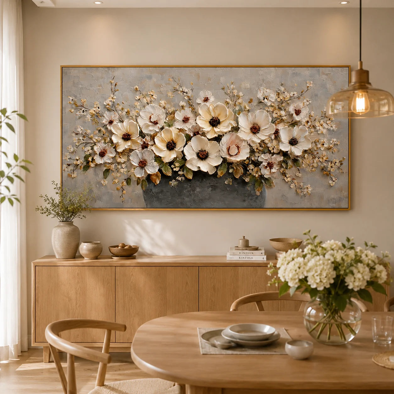 Large Floral Canvas Wall Art – Elegant White Flower Bouquet Painting in Vase for Living Room Decor#OA 0845