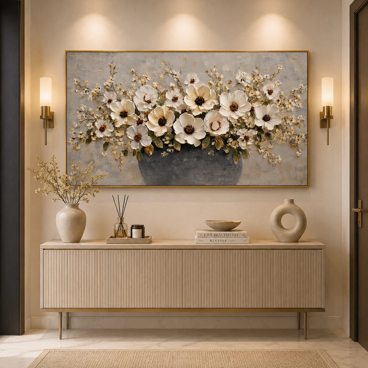 Large Floral Canvas Wall Art – Elegant White Flower Bouquet Painting in Vase for Living Room Decor#OA 0845