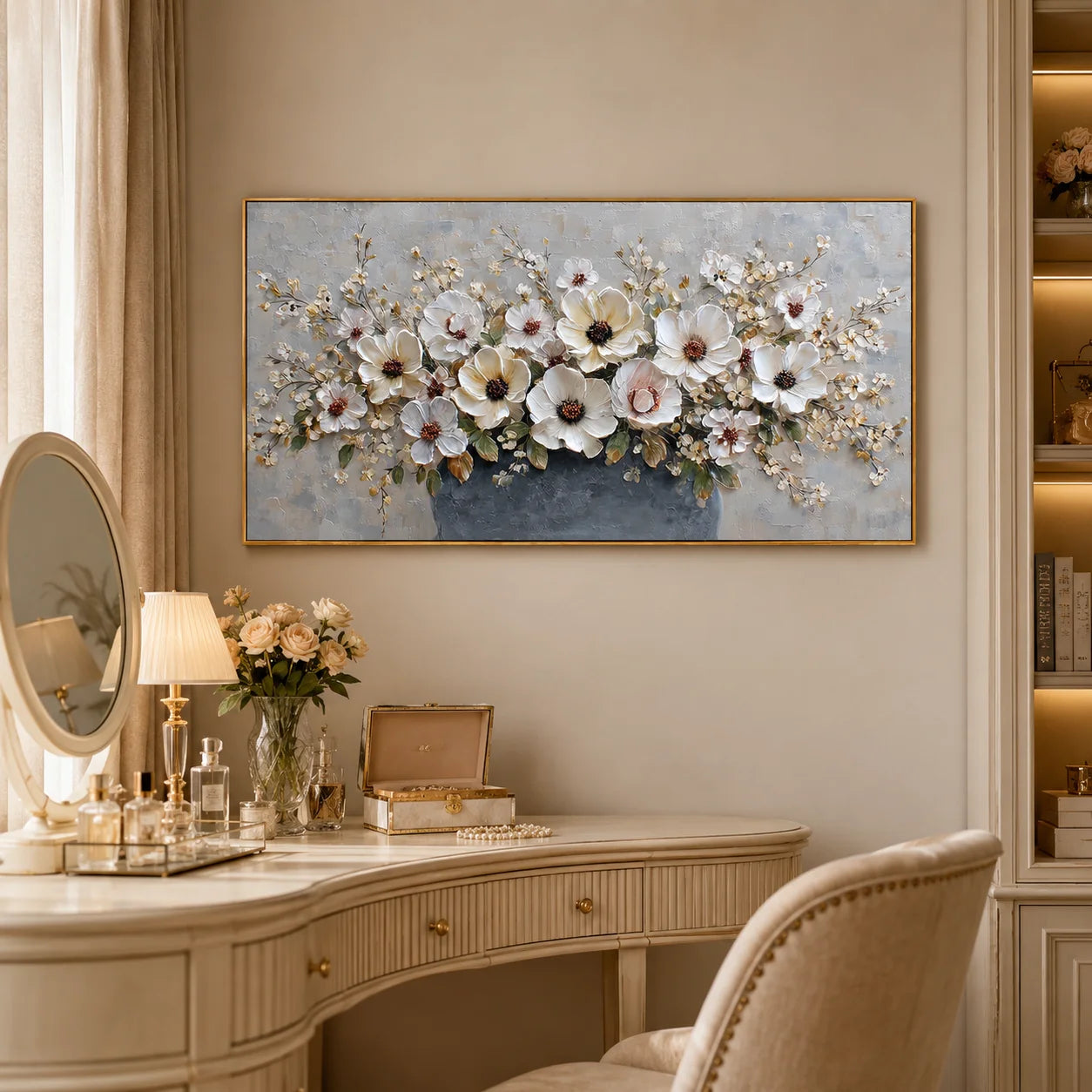 Large Floral Canvas Wall Art – Elegant White Flower Bouquet Painting in Vase for Living Room Decor#OA 0845