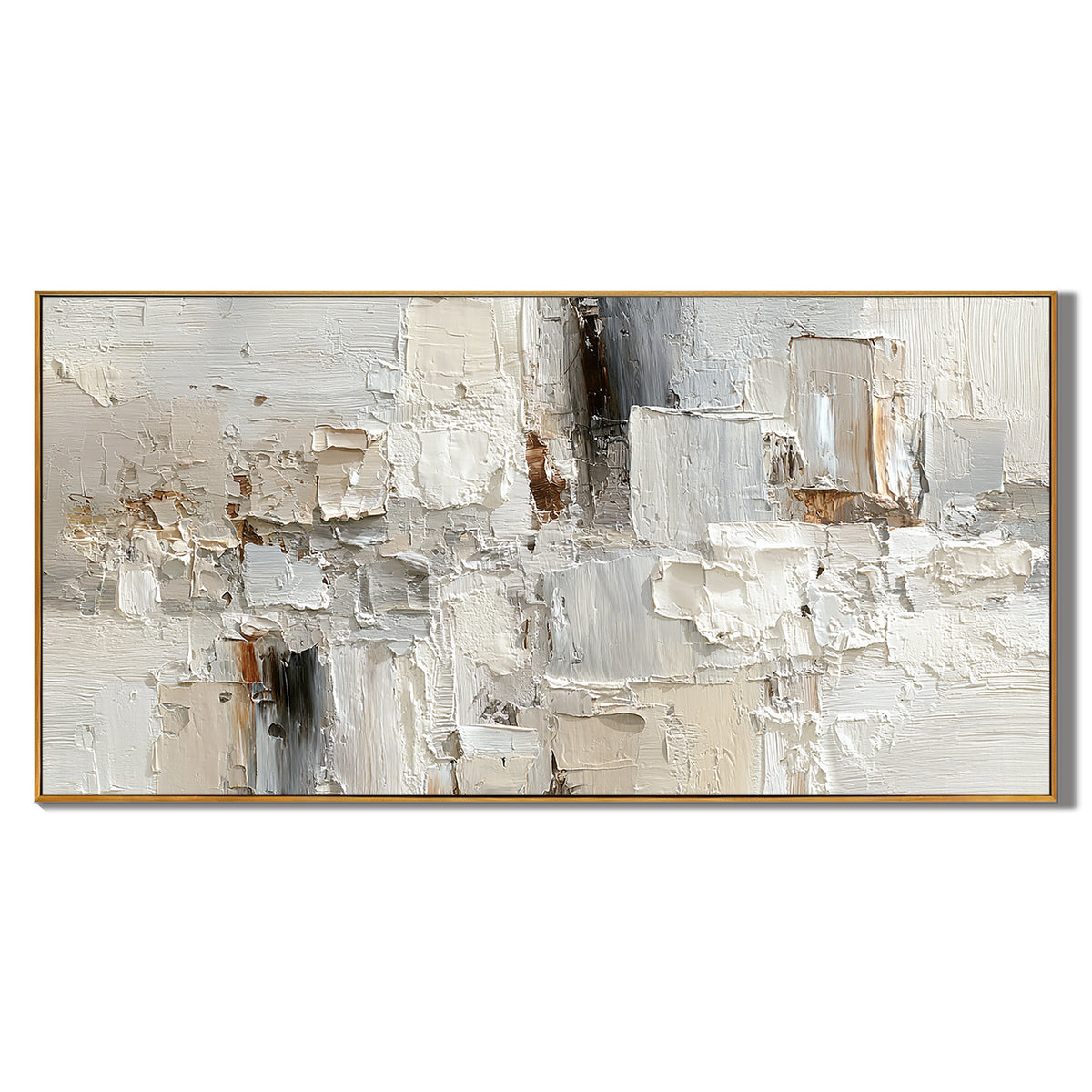 Large Neutral Textured Abstract Canvas Wall Art – Horizontal Impasto Painting in Cream White for Modern Living Room Decor#OA 0880