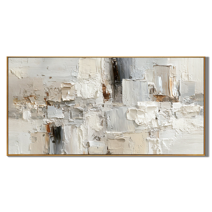 Large Neutral Textured Abstract Canvas Wall Art – Horizontal Impasto Painting in Cream White for Modern Living Room Decor#OA 0880