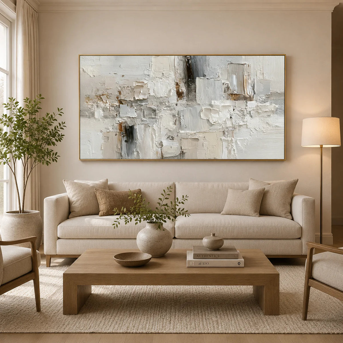 Large Neutral Textured Abstract Canvas Wall Art – Horizontal Impasto Painting in Cream White for Modern Living Room Decor#OA 0880