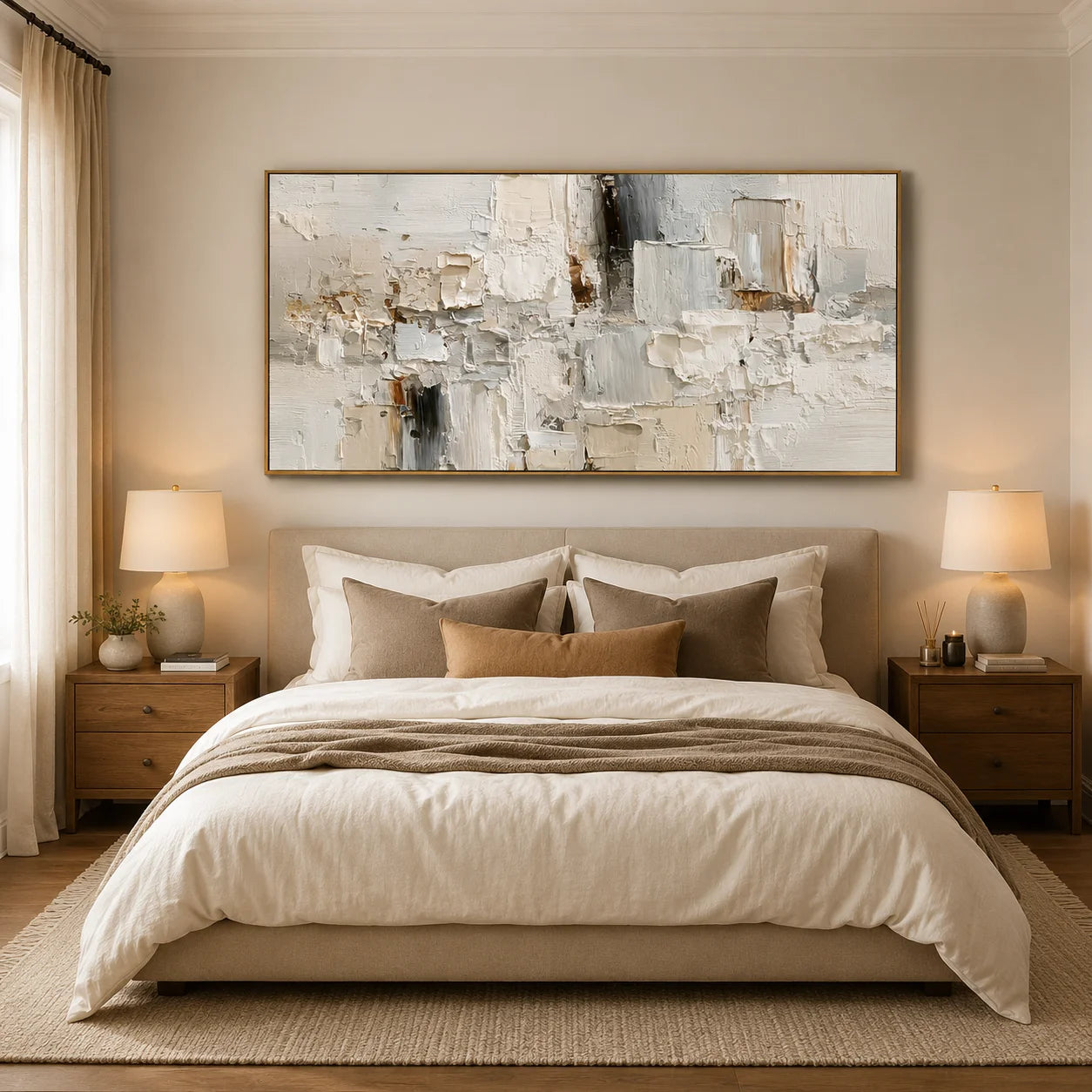 Large Neutral Textured Abstract Canvas Wall Art – Horizontal Impasto Painting in Cream White for Modern Living Room Decor#OA 0880