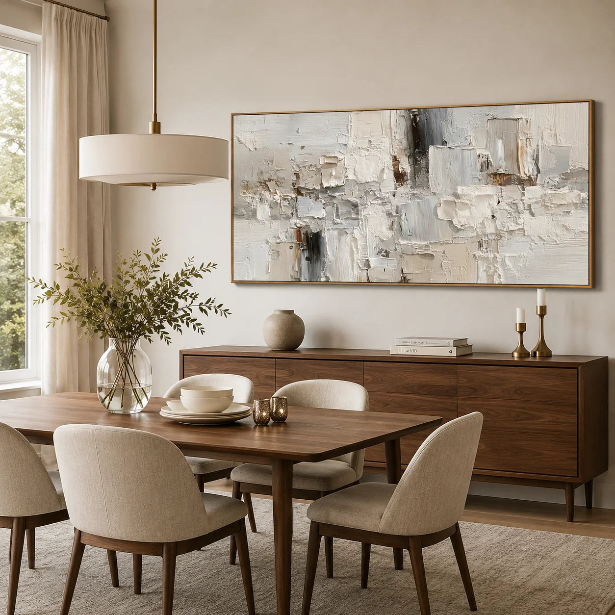 Large Neutral Textured Abstract Canvas Wall Art – Horizontal Impasto Painting in Cream White for Modern Living Room Decor#OA 0880
