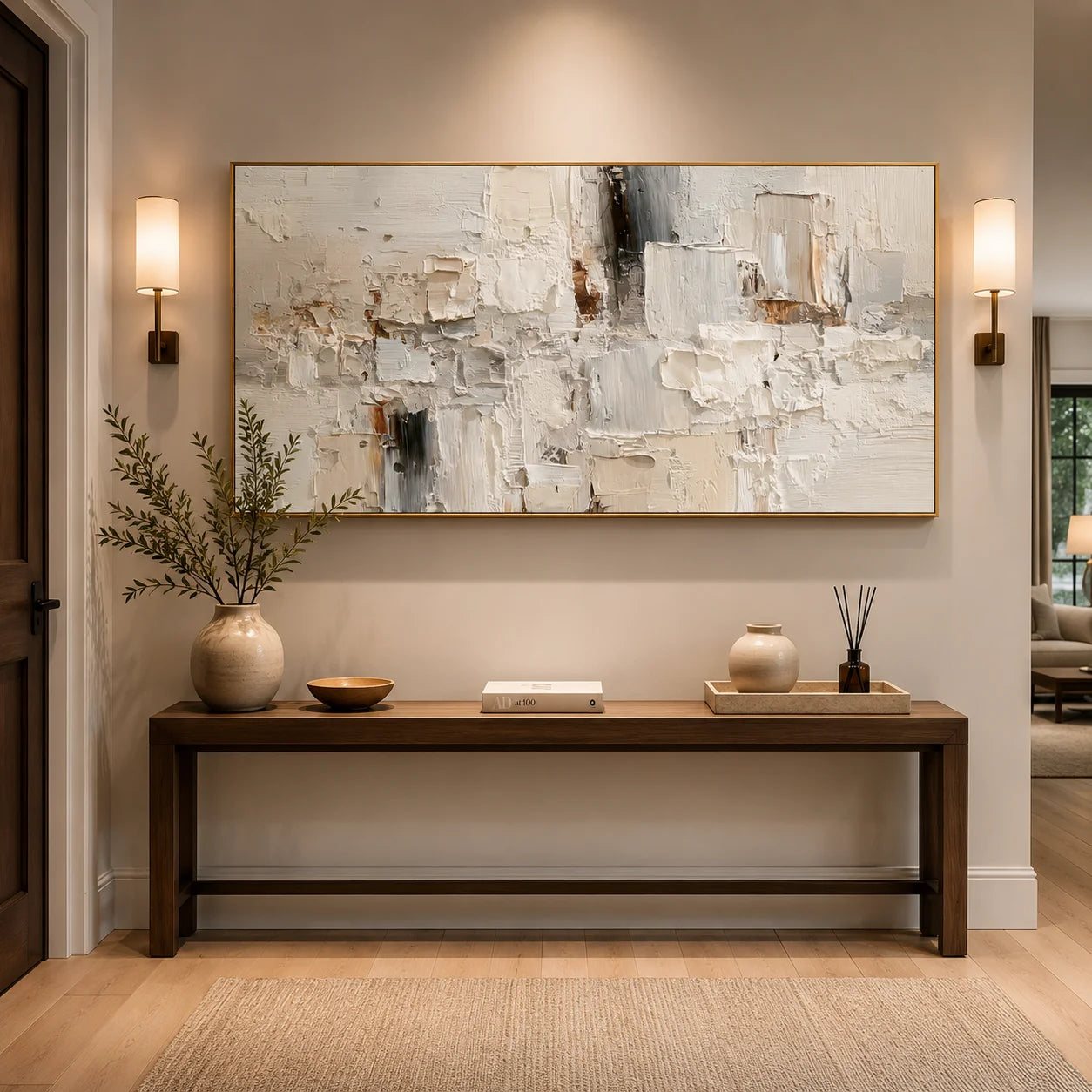 Large Neutral Textured Abstract Canvas Wall Art – Horizontal Impasto Painting in Cream White for Modern Living Room Decor#OA 0880