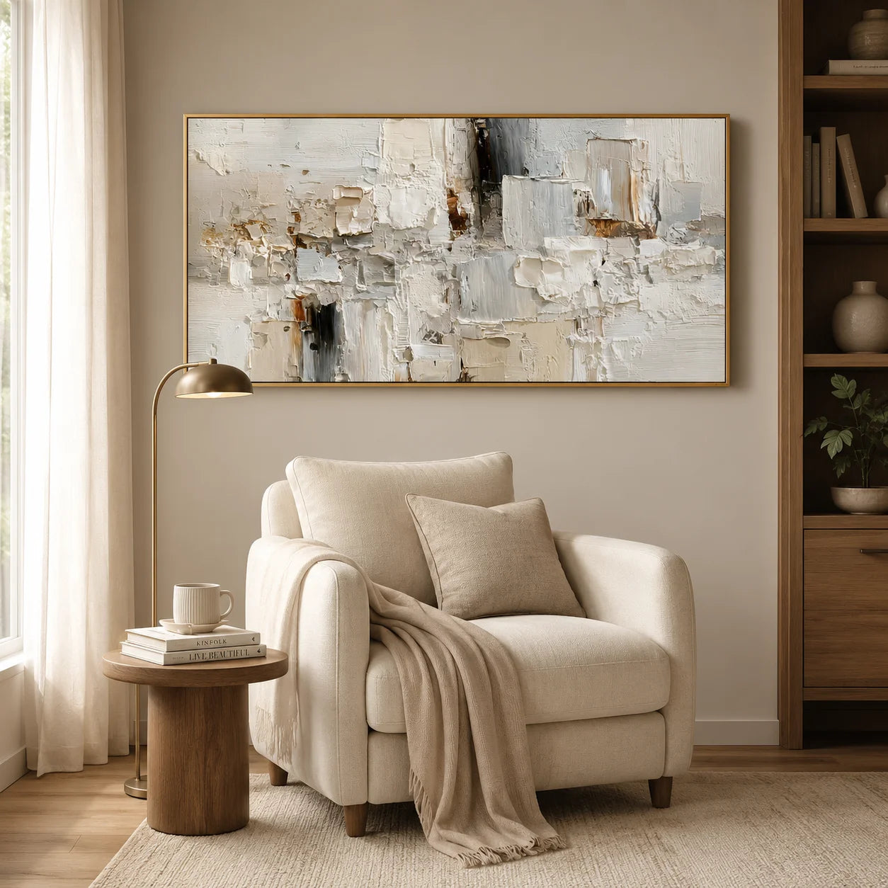 Large Neutral Textured Abstract Canvas Wall Art – Horizontal Impasto Painting in Cream White for Modern Living Room Decor#OA 0880