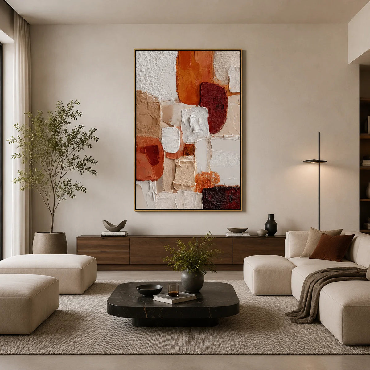 Large Vertical Abstract Canvas Wall Art – Earth Tone Textured Painting for Modern Living Room Decor # OA 0839