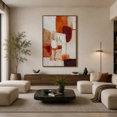 Large Vertical Abstract Canvas Wall Art – Earth Tone Textured Painting for Modern Living Room Decor # OA 0839