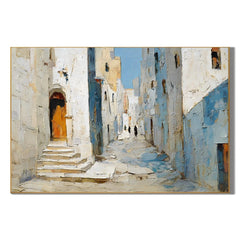 Mediterranean Blue Alley Hand-Painted Oil Painting, Textured European Street Wall Art for Home Decor # OA 1068