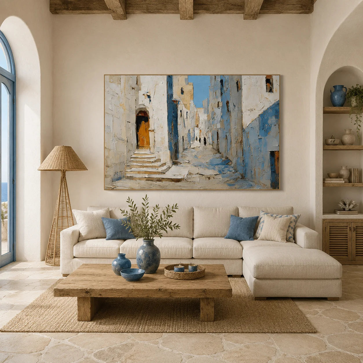 Mediterranean Blue Alley Hand-Painted Oil Painting, Textured European Street Wall Art for Home Decor # OA 1068