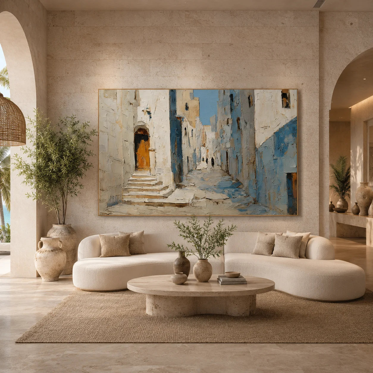 Mediterranean Blue Alley Hand-Painted Oil Painting, Textured European Street Wall Art for Home Decor # OA 1068
