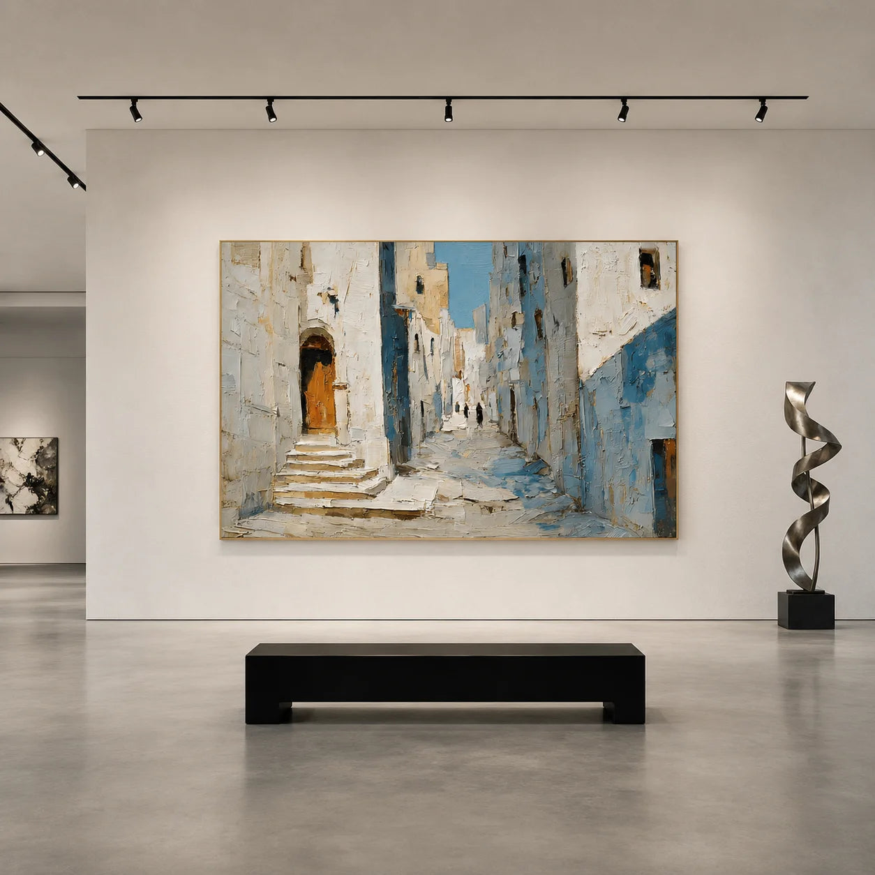 Mediterranean Blue Alley Hand-Painted Oil Painting, Textured European Street Wall Art for Home Decor # OA 1068