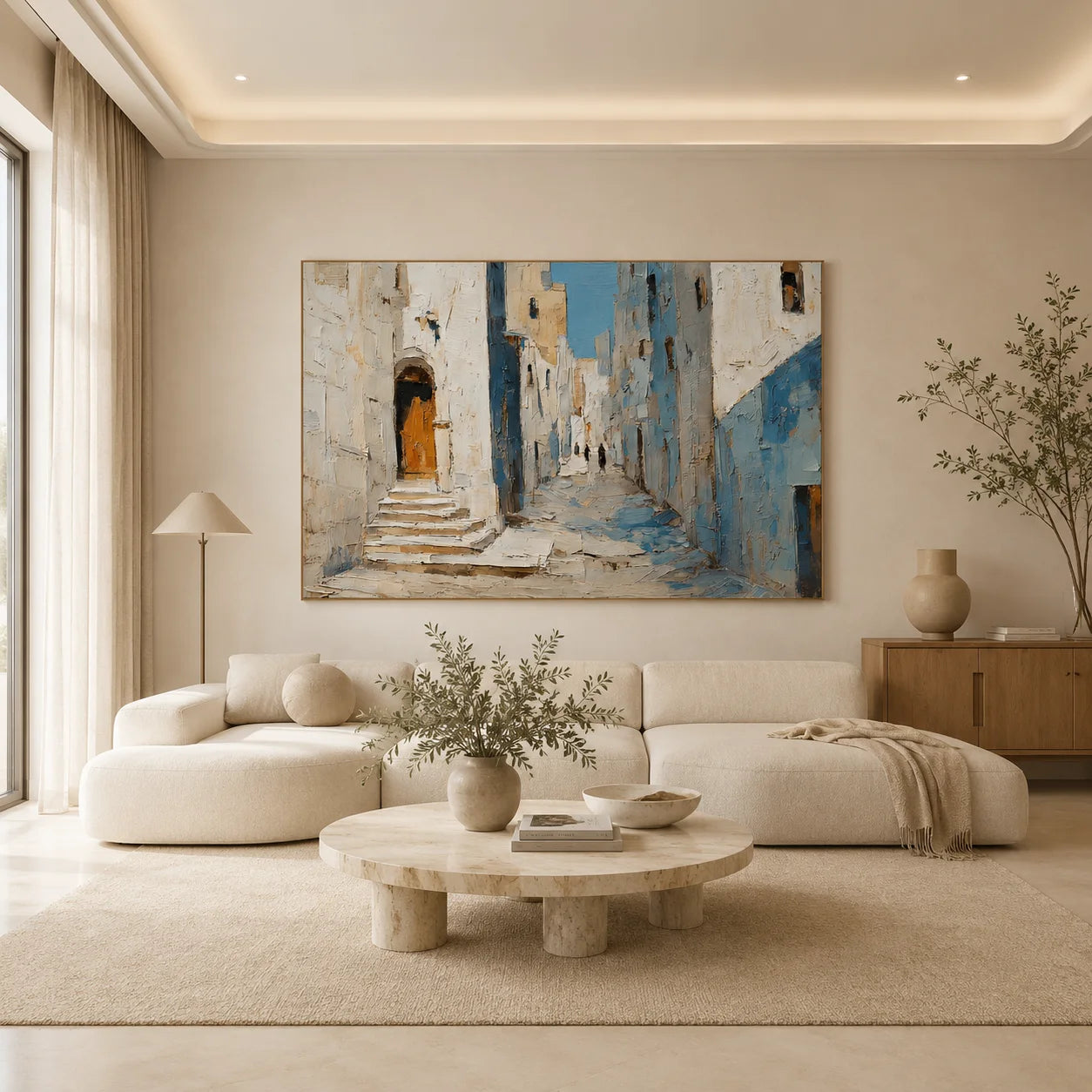 Mediterranean Blue Alley Hand-Painted Oil Painting, Textured European Street Wall Art for Home Decor # OA 1068