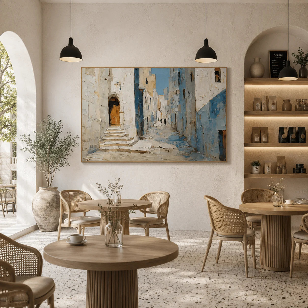 Mediterranean Blue Alley Hand-Painted Oil Painting, Textured European Street Wall Art for Home Decor # OA 1068