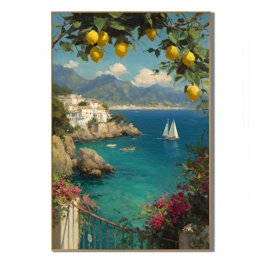 Mediterranean Coastal Landscape Hand-Painted Oil Painting | Lemon Tree, Blue Bay and Sailboat Seascape Wall Art for Living Room, Bedroom and Entryway # OA 1149