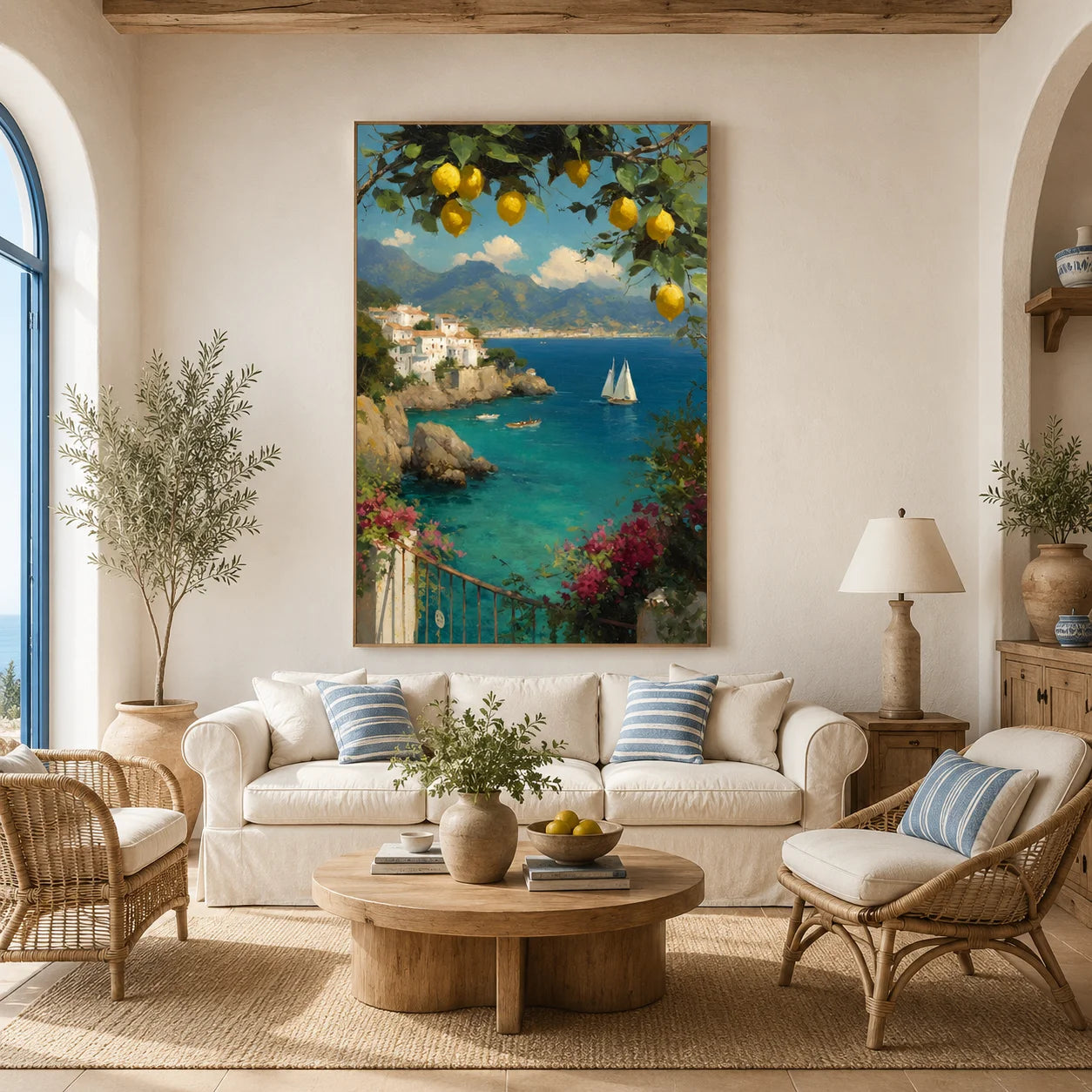Mediterranean Coastal Landscape Hand-Painted Oil Painting | Lemon Tree, Blue Bay and Sailboat Seascape Wall Art for Living Room, Bedroom and Entryway