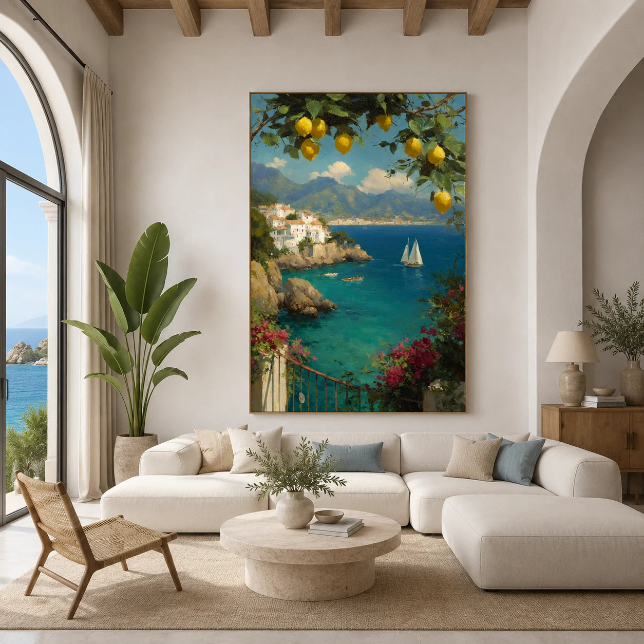 Mediterranean Coastal Landscape Hand-Painted Oil Painting | Lemon Tree, Blue Bay and Sailboat Seascape Wall Art for Living Room, Bedroom and Entryway
