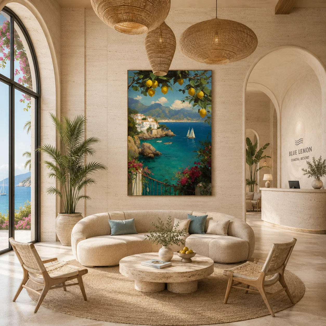 Mediterranean Coastal Landscape Hand-Painted Oil Painting | Lemon Tree, Blue Bay and Sailboat Seascape Wall Art for Living Room, Bedroom and Entryway