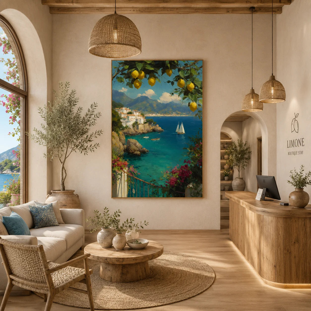 Mediterranean Coastal Landscape Hand-Painted Oil Painting | Lemon Tree, Blue Bay and Sailboat Seascape Wall Art for Living Room, Bedroom and Entryway