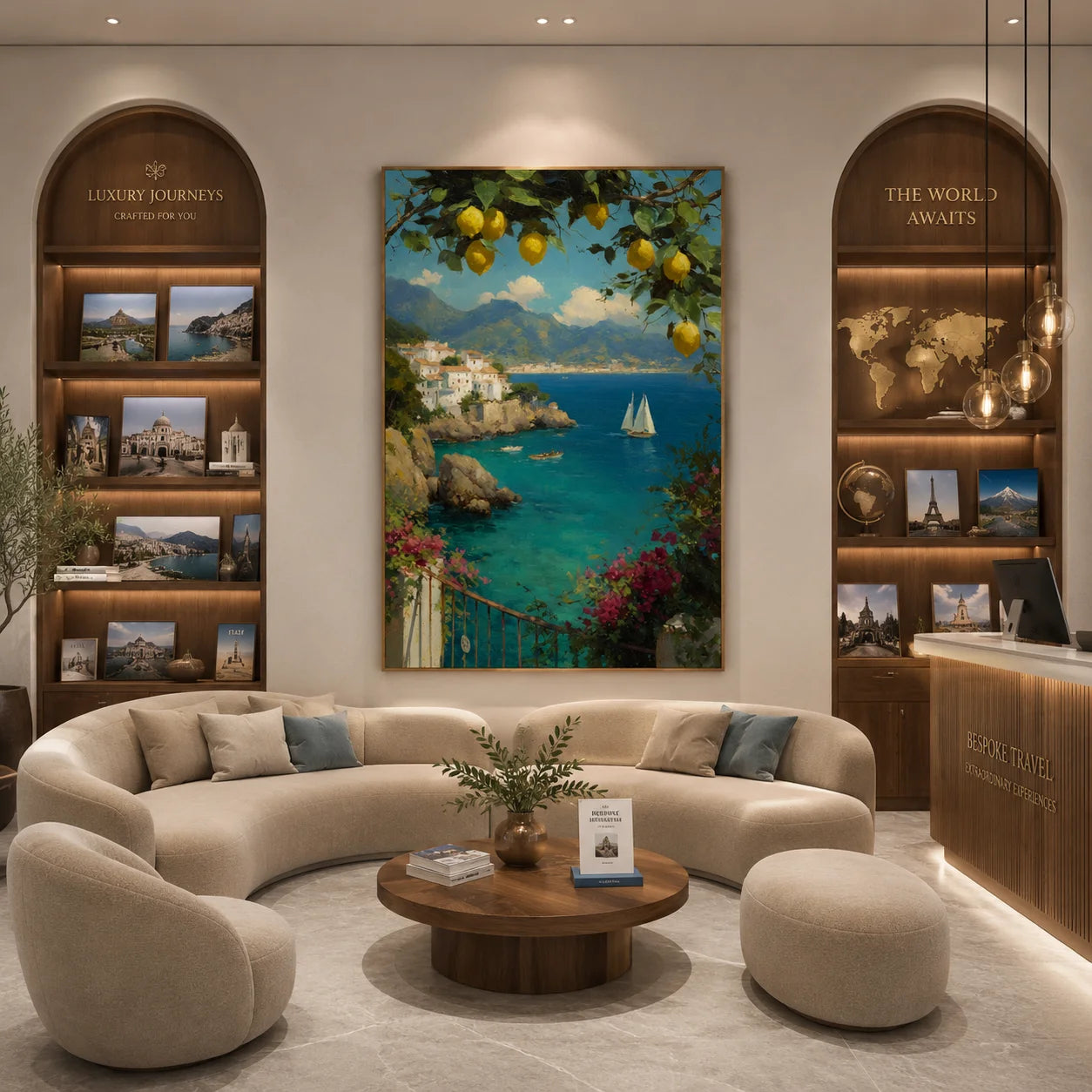 Mediterranean Coastal Landscape Hand-Painted Oil Painting | Lemon Tree, Blue Bay and Sailboat Seascape Wall Art for Living Room, Bedroom and Entryway