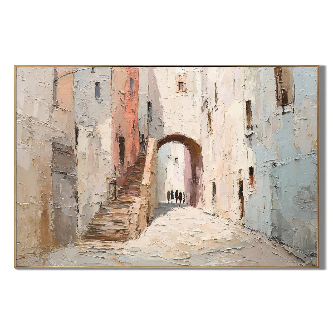 Mediterranean Old Town Street Hand-Painted Oil Painting, Textured European Architecture Wall Art # OA 1044