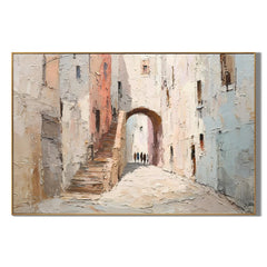 Mediterranean Old Town Street Hand-Painted Oil Painting, Textured European Architecture Wall Art # OA 1044