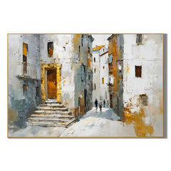 Mediterranean Old Town Street Hand-Painted Oil Painting, Textured European Architecture Wall Art # OA 1059