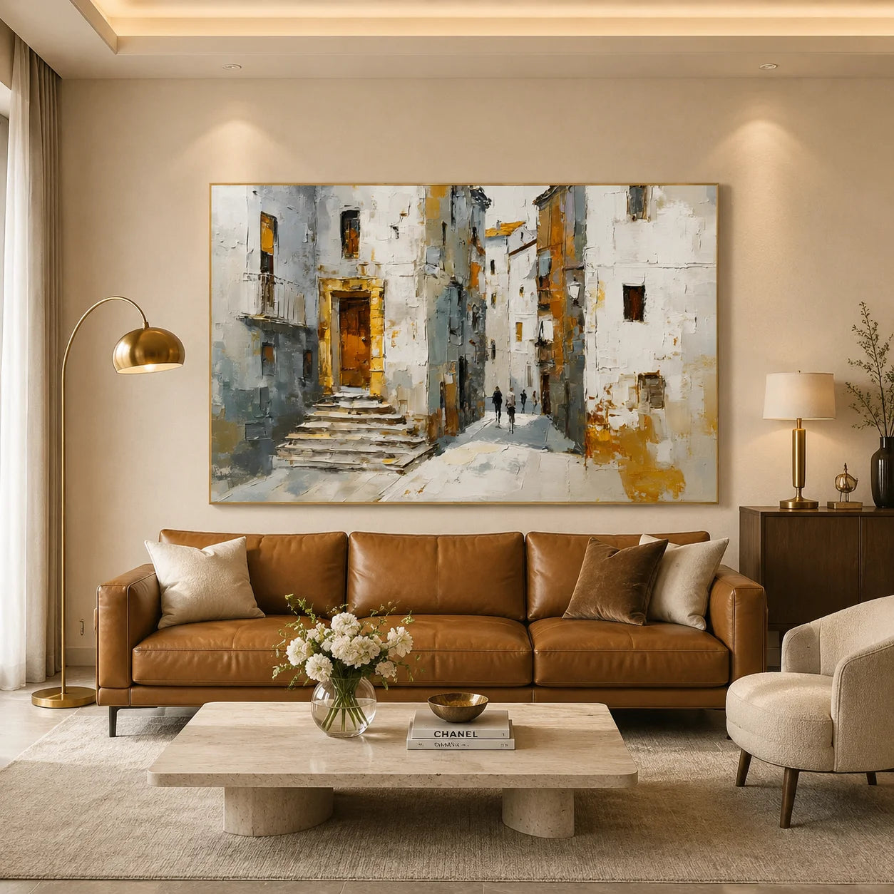 Mediterranean Old Town Street Hand-Painted Oil Painting, Textured European Architecture Wall Art # OA 1059
