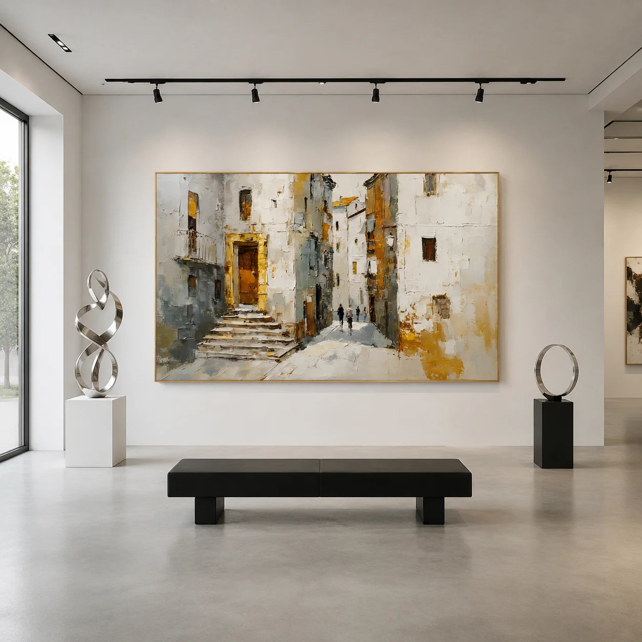 Mediterranean Old Town Street Hand-Painted Oil Painting, Textured European Architecture Wall Art # OA 1059