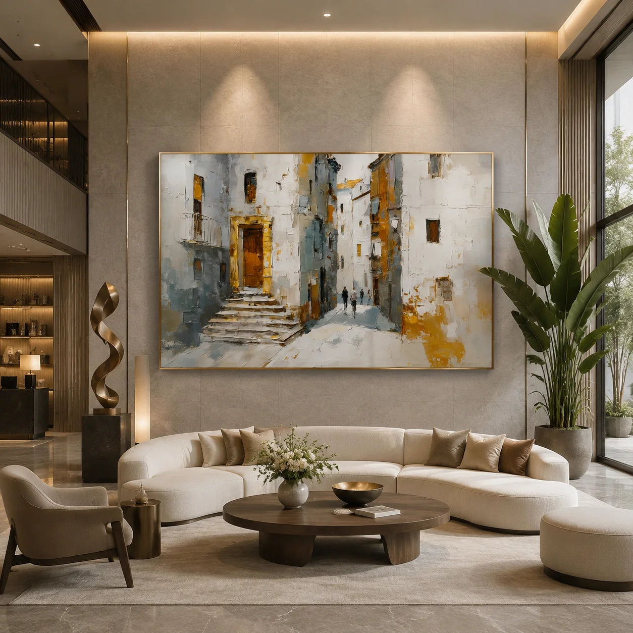 Mediterranean Old Town Street Hand-Painted Oil Painting, Textured European Architecture Wall Art # OA 1059