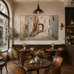 Mediterranean Old Town Street Hand-Painted Oil Painting, Textured European Architecture Wall Art # OA 1044