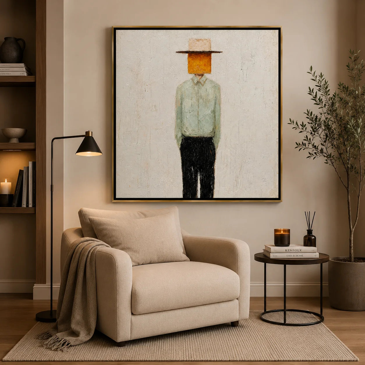 Minimalist Abstract Cowboy Hand-Painted Oil Painting, Textured Western Portrait Wall Art for Modern Home Decor#OA0967