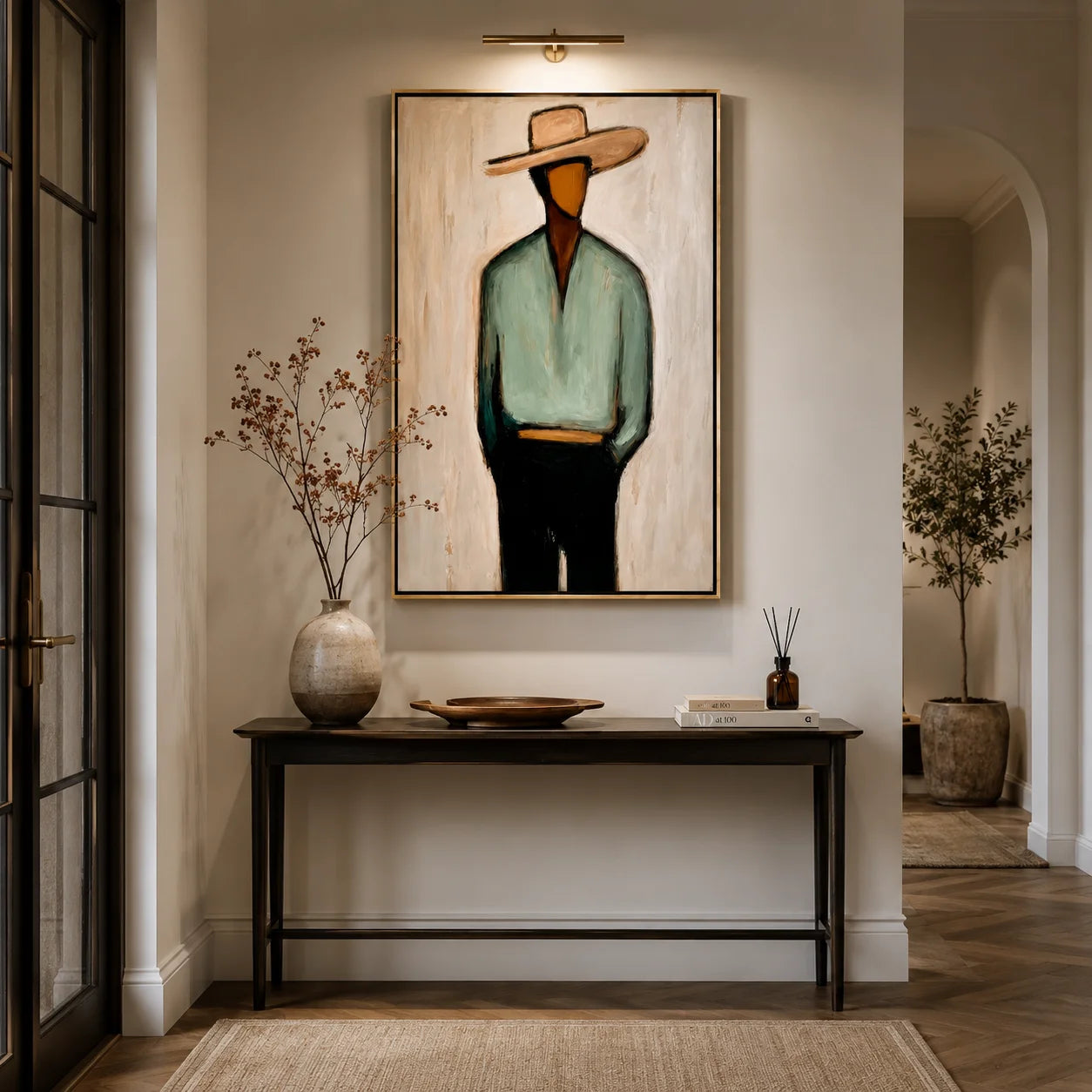 Minimalist Cowboy Portrait Hand-Painted Oil Painting, Textured Western Wall Art for Modern Home Decor#OA 0964