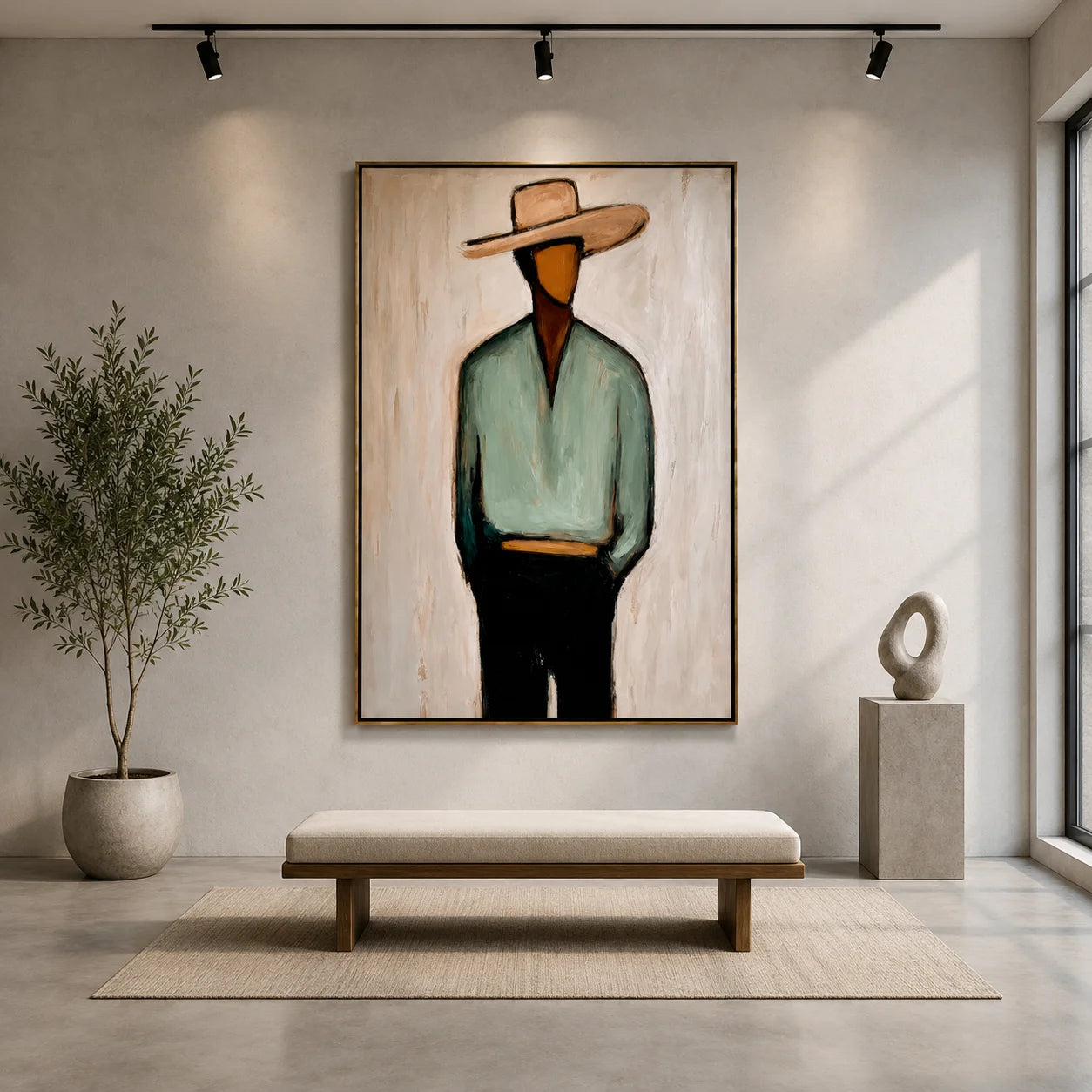 Minimalist Cowboy Portrait Hand-Painted Oil Painting, Textured Western Wall Art for Modern Home Decor#OA 0964
