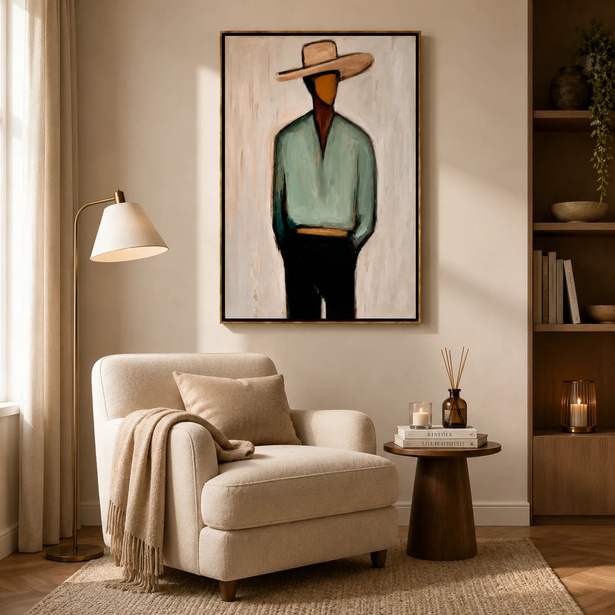 Minimalist Cowboy Portrait Hand-Painted Oil Painting, Textured Western Wall Art for Modern Home Decor#OA 0964