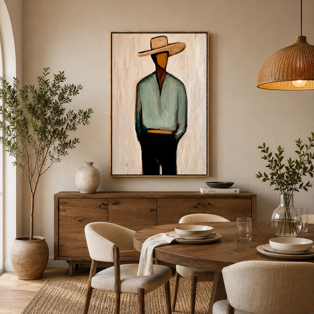 Minimalist Cowboy Portrait Hand-Painted Oil Painting, Textured Western Wall Art for Modern Home Decor#OA 0964
