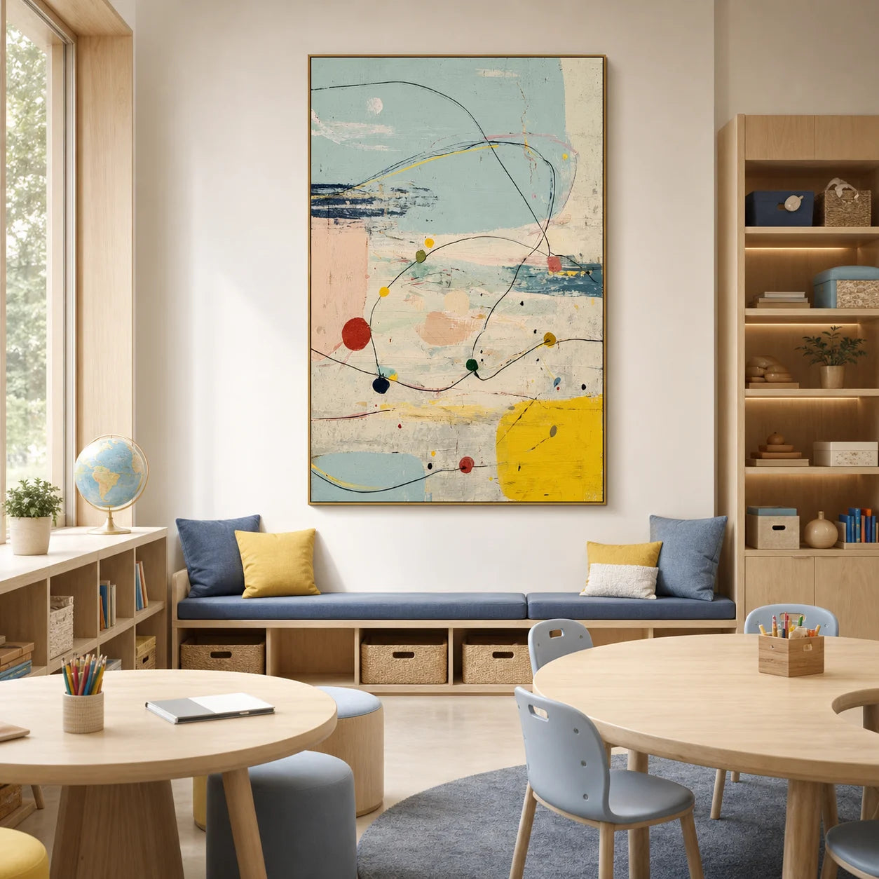 Modern Abstract Line Hand-Painted Oil Painting | Minimalist Geometric Wall Art | Scandinavian Contemporary Canvas Artwork for Living Room, Bedroom & Office # 1094
