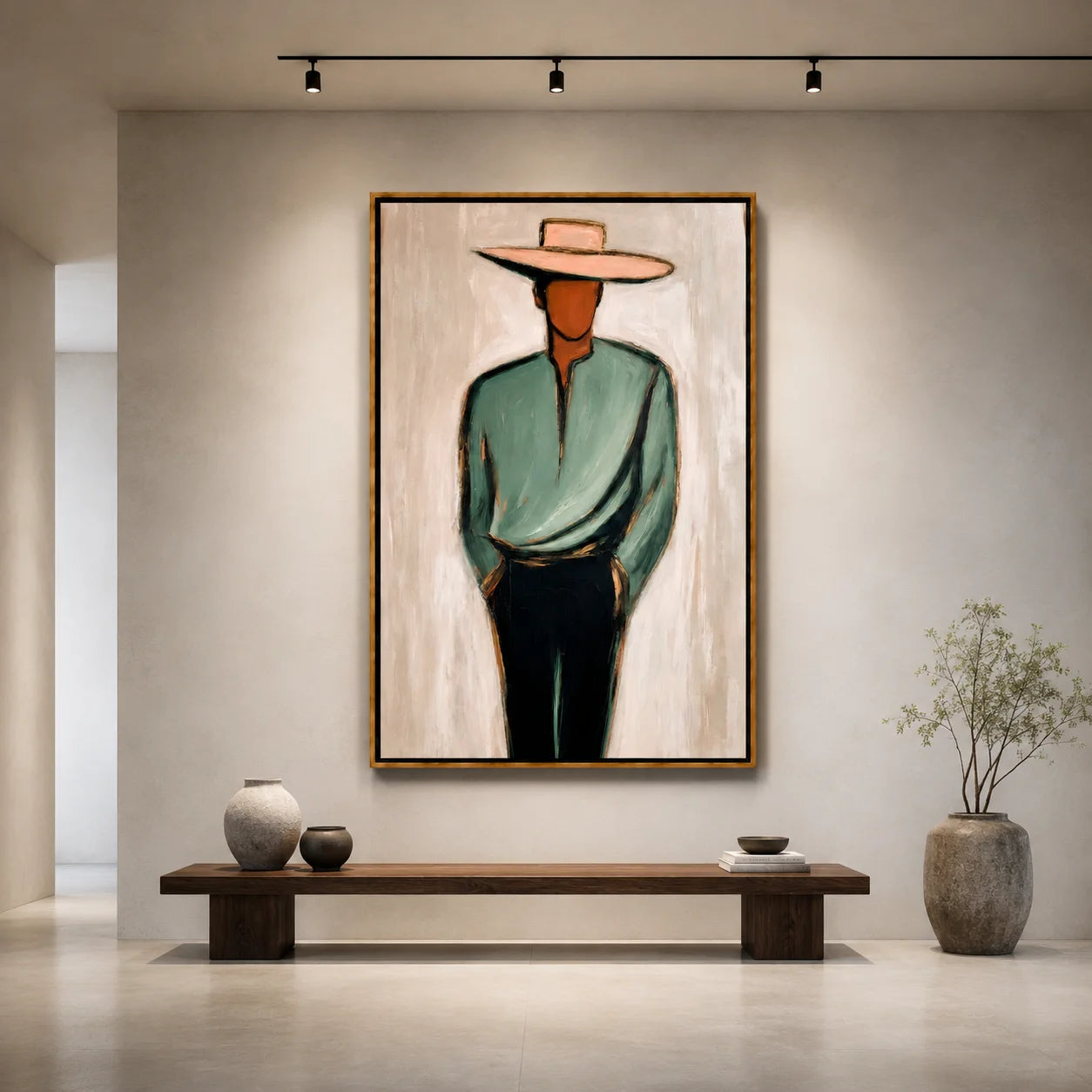 Minimalist Western Cowboy Hand-Painted Oil Painting, Textured Abstract Portrait Wall Art for Modern Home Decor#OA 0969