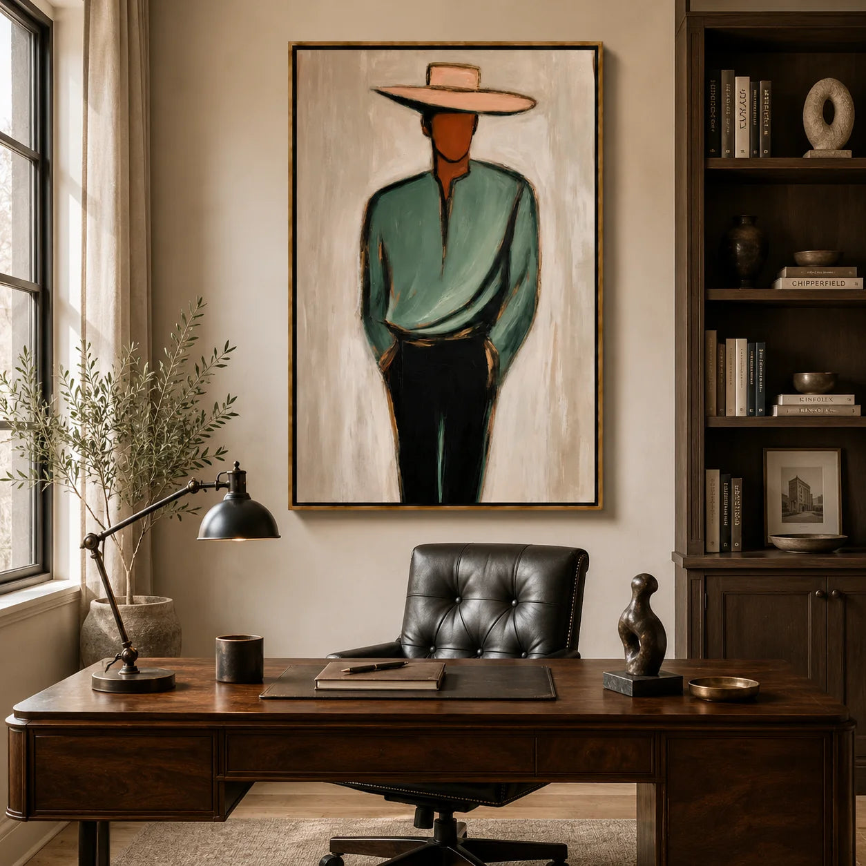 Minimalist Western Cowboy Hand-Painted Oil Painting, Textured Abstract Portrait Wall Art for Modern Home Decor#OA 0969