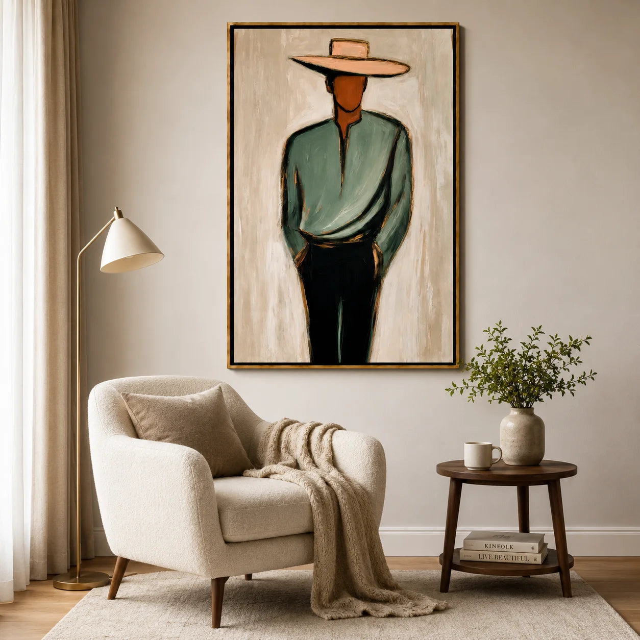 Minimalist Western Cowboy Hand-Painted Oil Painting, Textured Abstract Portrait Wall Art for Modern Home Decor#OA 0969