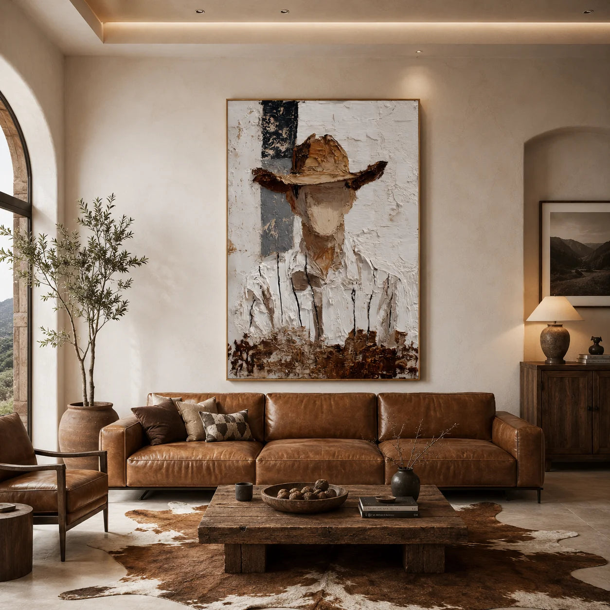 Minimalist Western Cowboy Portrait Hand-Painted Oil Painting | Brown and White Textured Palette Knife Wall Art for Modern Interiors