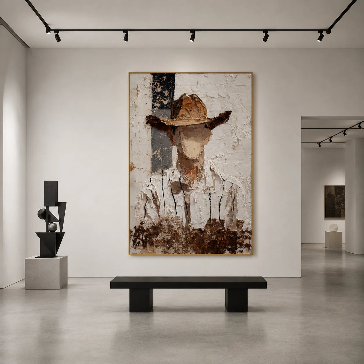 Minimalist Western Cowboy Portrait Hand-Painted Oil Painting | Brown and White Textured Palette Knife Wall Art for Modern Interiors