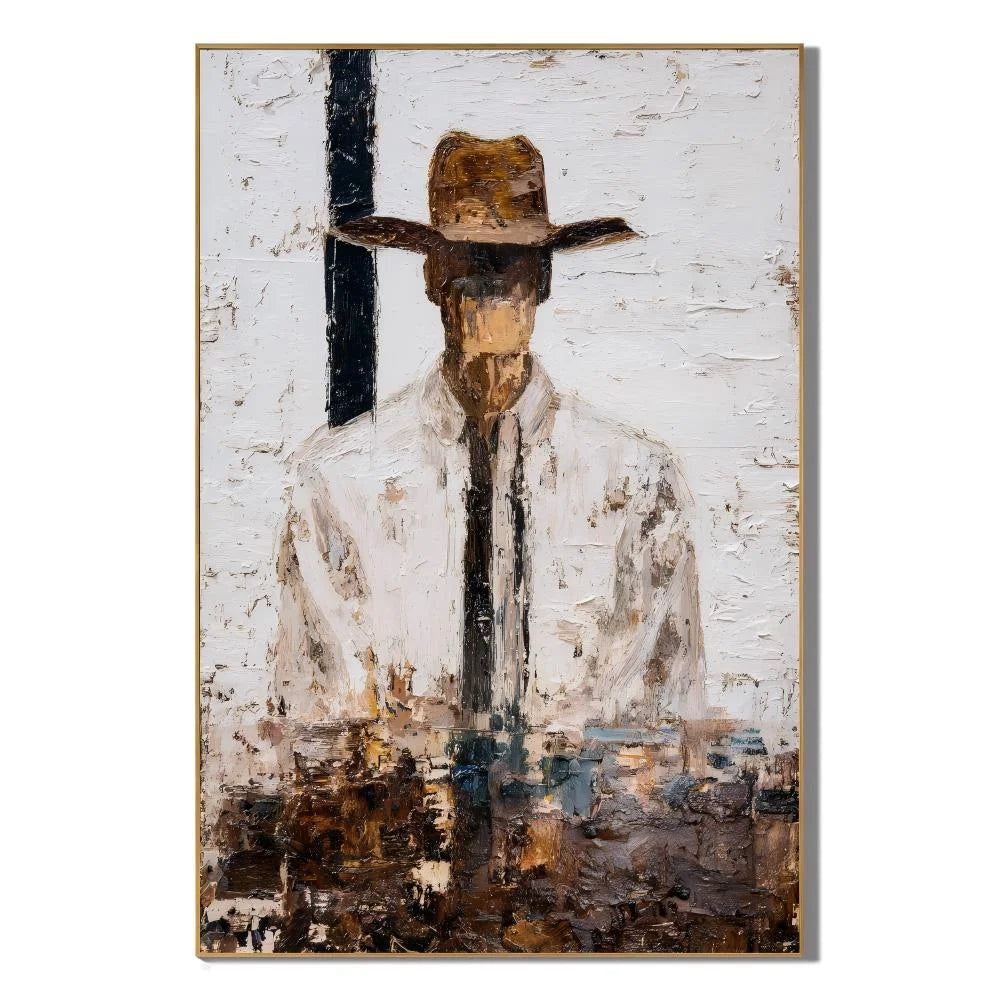 Minimalist Western Cowboy Portrait Hand-Painted Oil Painting | White Textured Abstract Figurative Wall Art for Modern Home Decor