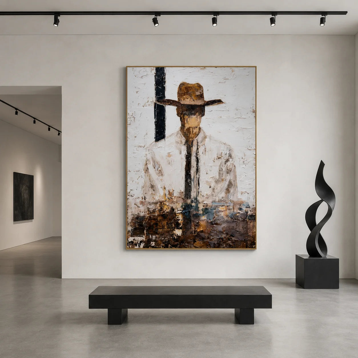 Minimalist Western Cowboy Portrait Hand-Painted Oil Painting | White Textured Abstract Figurative Wall Art for Modern Home Decor