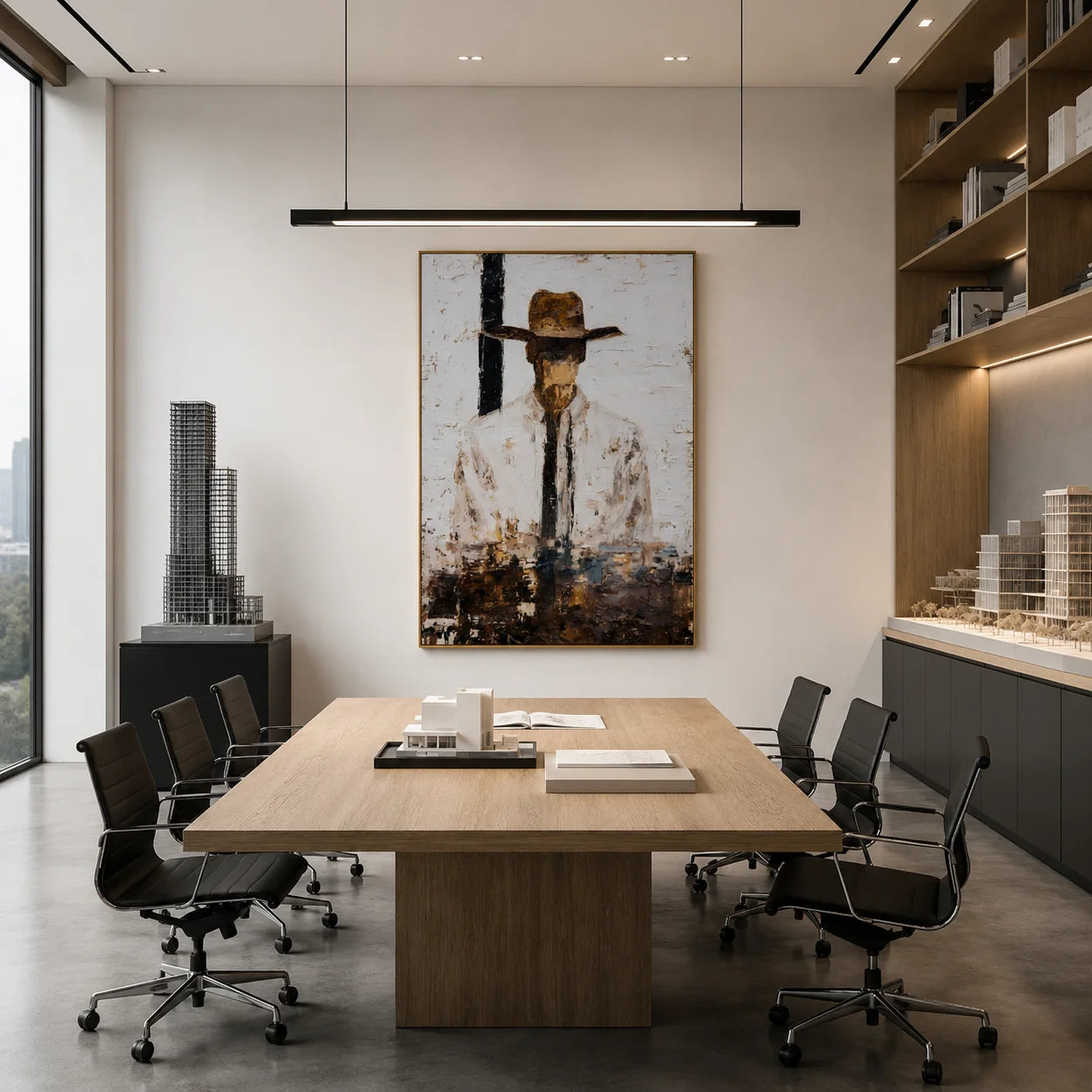 Minimalist Western Cowboy Portrait Hand-Painted Oil Painting | White Textured Abstract Figurative Wall Art for Modern Home Decor
