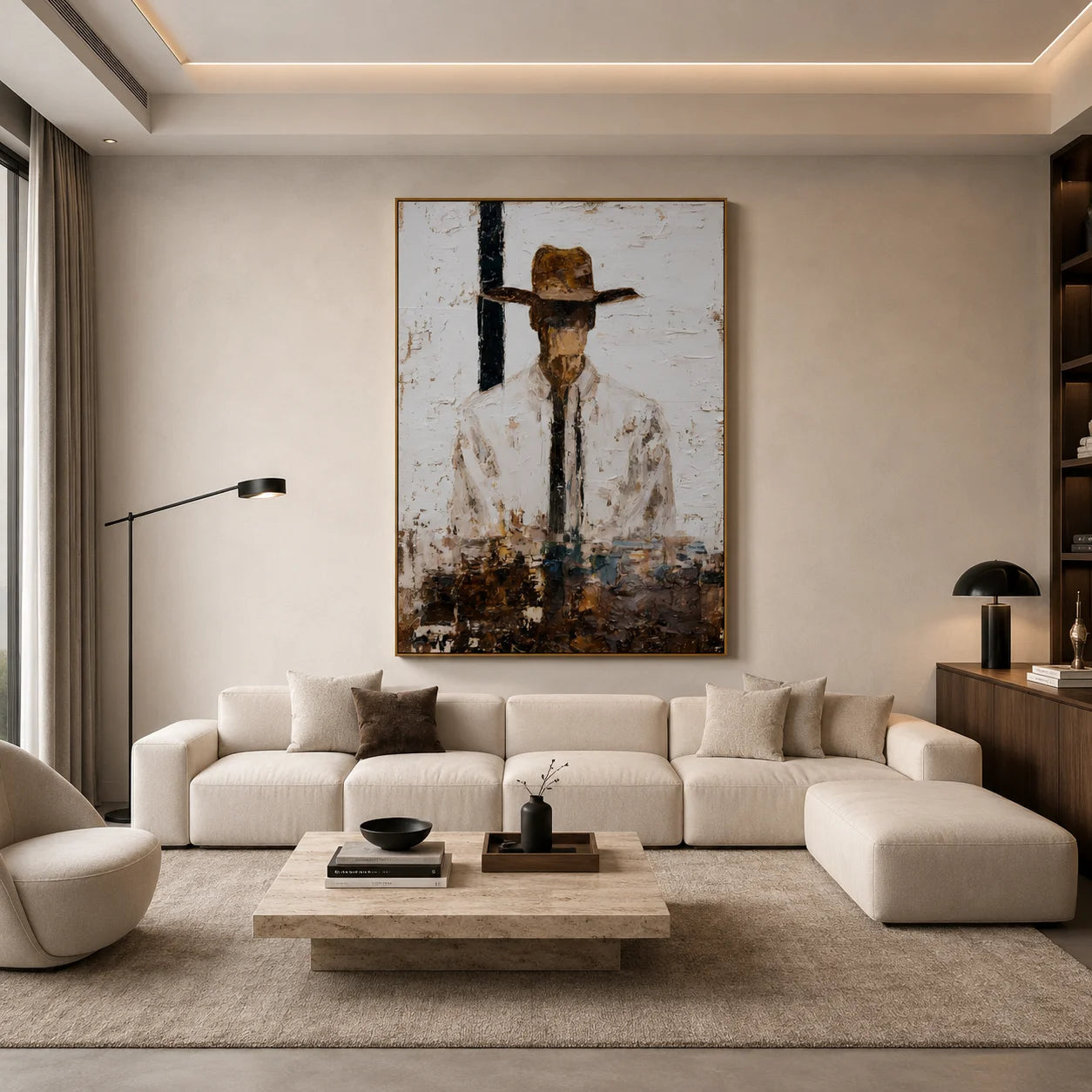 Minimalist Western Cowboy Portrait Hand-Painted Oil Painting | White Textured Abstract Figurative Wall Art for Modern Home Decor