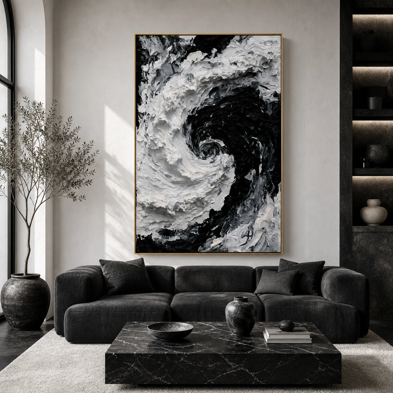 Modern Abstract Black & White Ocean Wave Hand-Painted Oil Painting | Textured Wall Art # 1095