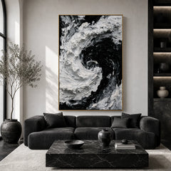 Modern Abstract Black & White Ocean Wave Hand-Painted Oil Painting | Textured Wall Art  # OA 1095
