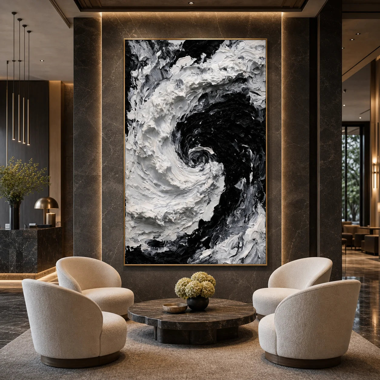 Modern Abstract Black & White Ocean Wave Hand-Painted Oil Painting | Textured Wall Art # 1095